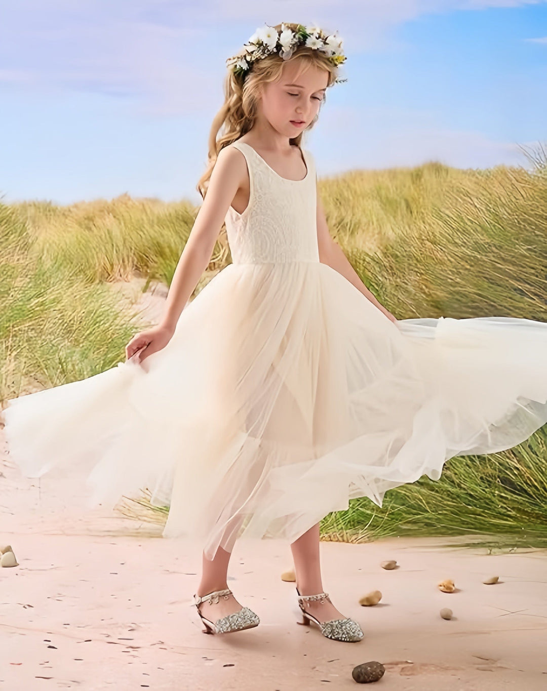 Sunnypetal Flower Girl Dress Lace/Tulle Boho Toddler Dresses