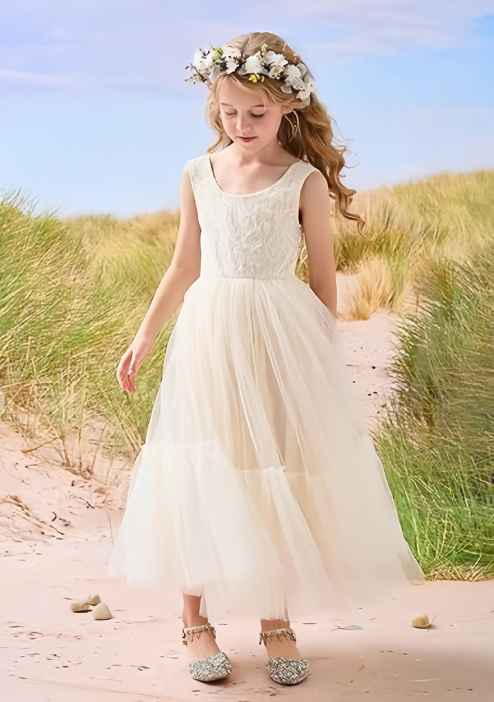 Sunnypetal Flower Girl Dress Lace/Tulle Boho Toddler Dresses