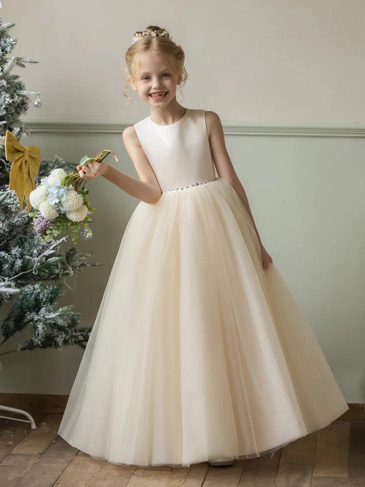 Sunnypetal Flower Girl Dress Puffy Satin Tulle/Satin Princess Bow Ball Gown