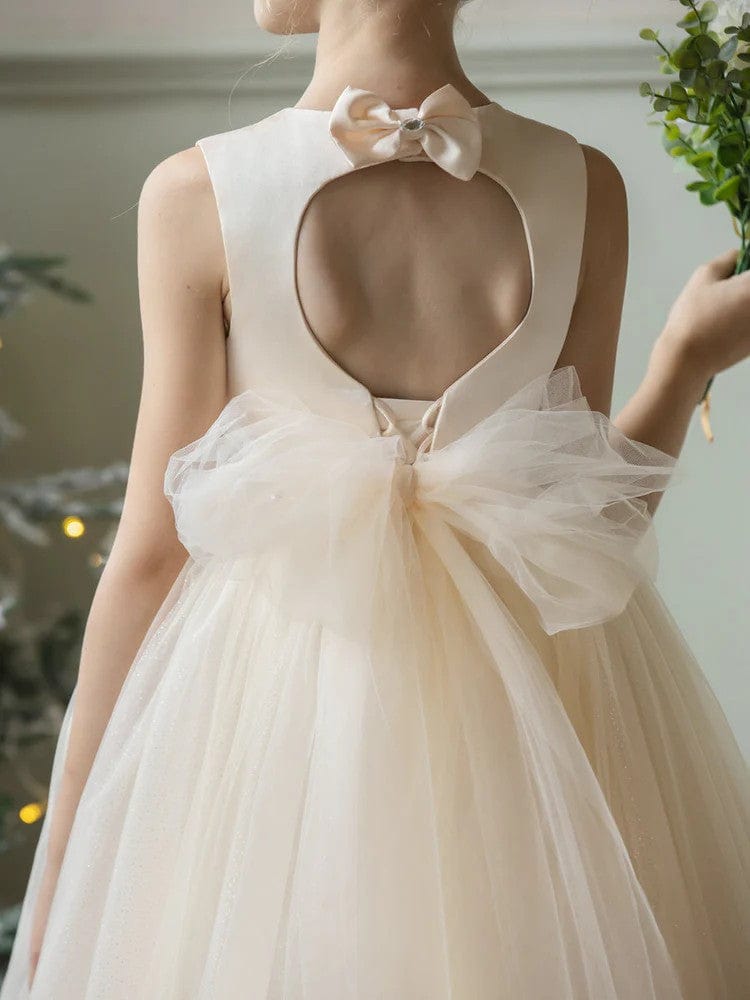 Sunnypetal Flower Girl Dress Puffy Satin Tulle/Satin Princess Bow Ball Gown