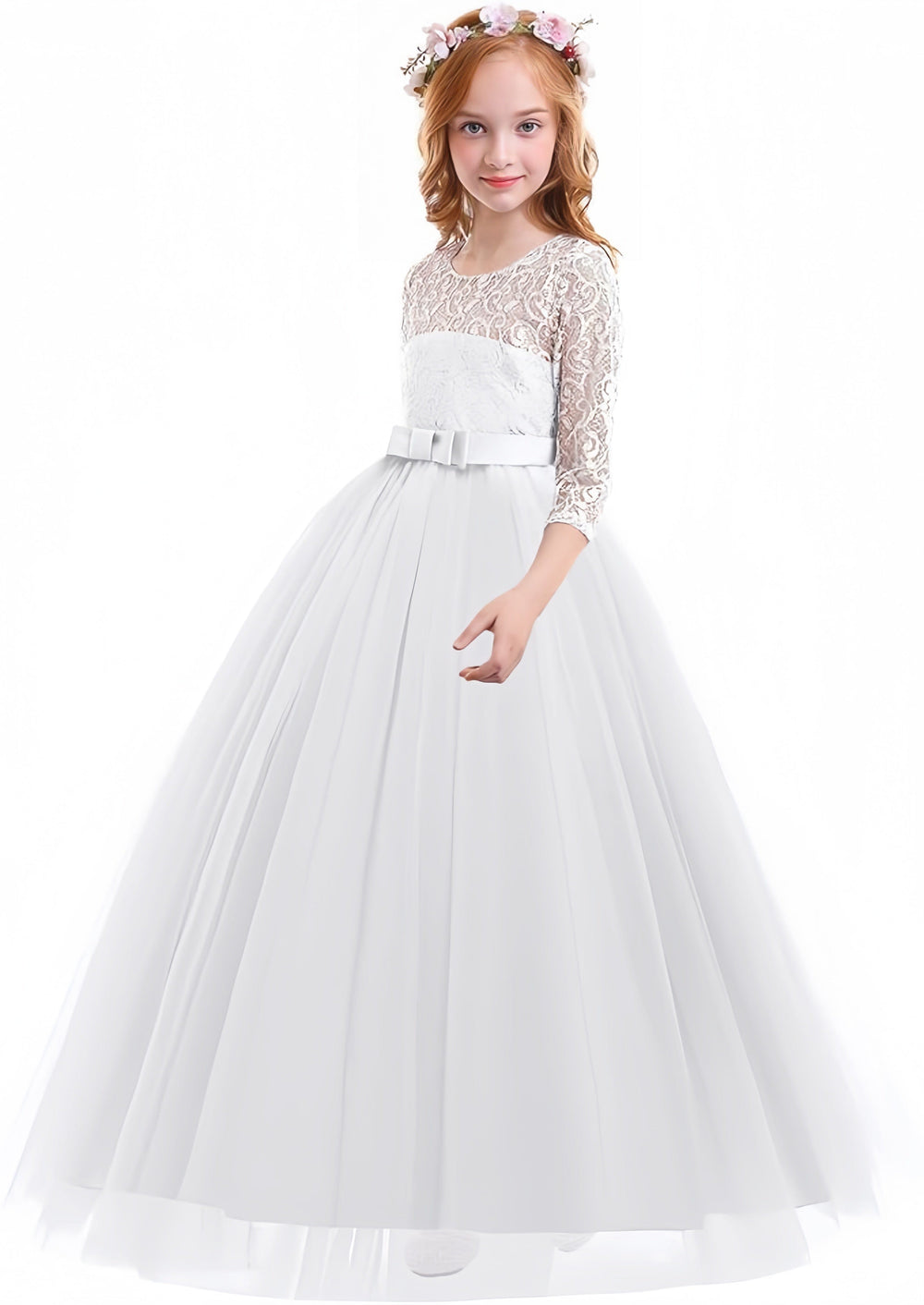 Sunnypetal Flower Girls Dress Vintage Floral Lace 3/4 Sleeves Floor Length Ball Gown