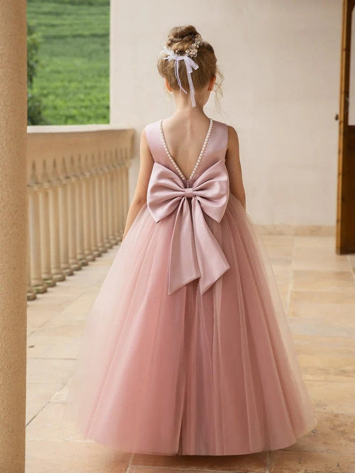 Sunnypetal Flower Girls Dresses Satin Tulle Princess Kids Pearls Ball Gowns with Bow-Knot