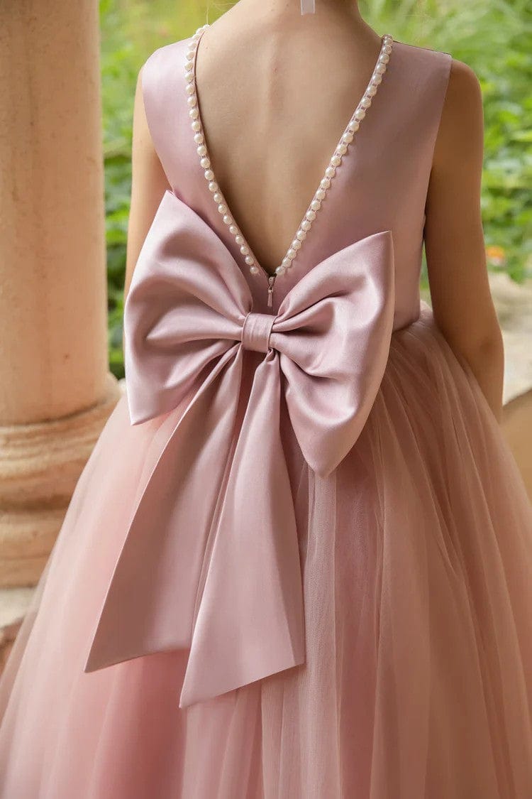 Sunnypetal Flower Girls Dresses Satin Tulle Princess Kids Pearls Ball Gowns with Bow-Knot