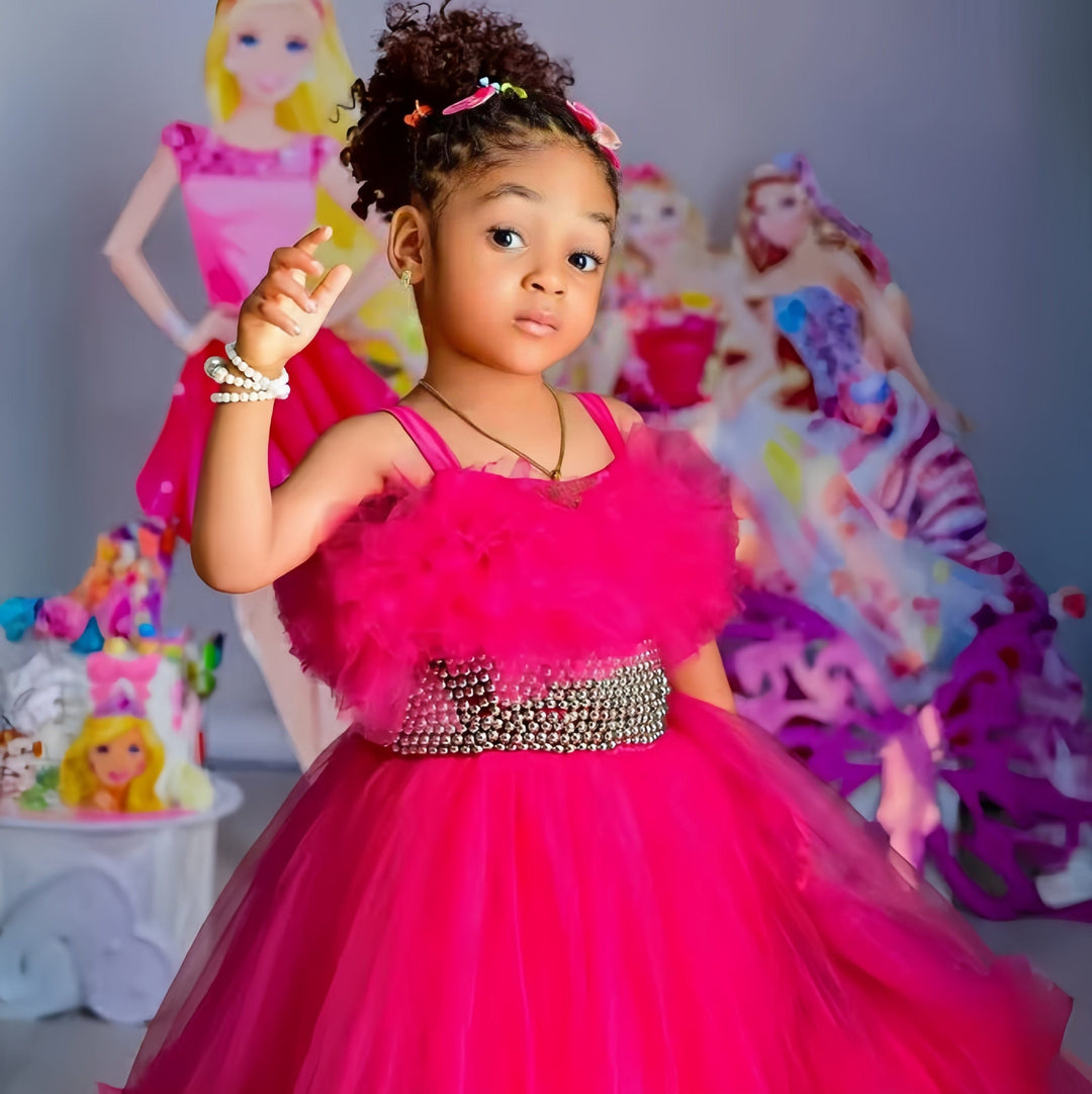 Sunnypetal Fuchsia Spaghetti Straps Pleated Tiered Tulle Flower Girl Dresses Prom Gown