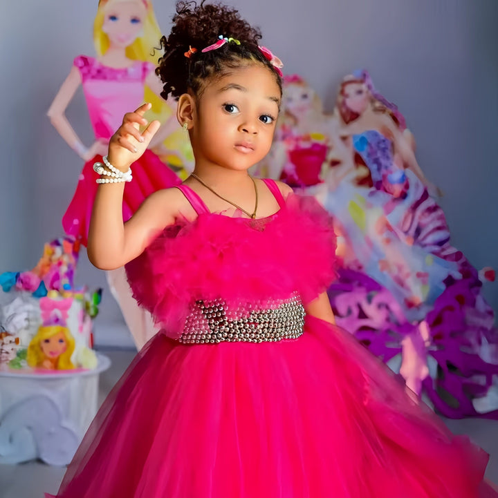 Sunnypetal Fuchsia Spaghetti Straps Pleated Tiered Tulle Flower Girl Dresses Prom Gown