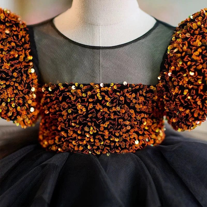 Sunnypetal Glitter Gold Sequin Short Sleeves Black Tulle Toddler Birthday Prom Gown