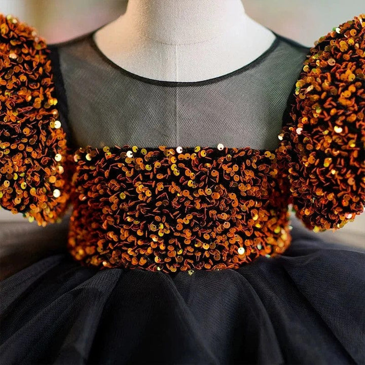 Sunnypetal Glitter Gold Sequin Short Sleeves Black Tulle Toddler Birthday Prom Gown