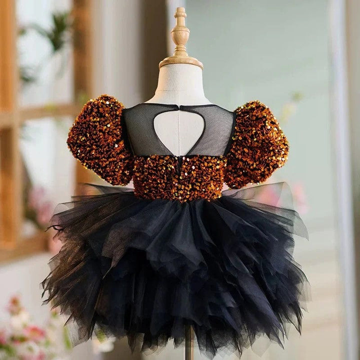 Sunnypetal Glitter Gold Sequin Short Sleeves Black Tulle Toddler Birthday Prom Gown