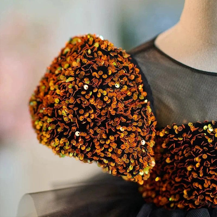 Sunnypetal Glitter Gold Sequin Short Sleeves Black Tulle Toddler Birthday Prom Gown