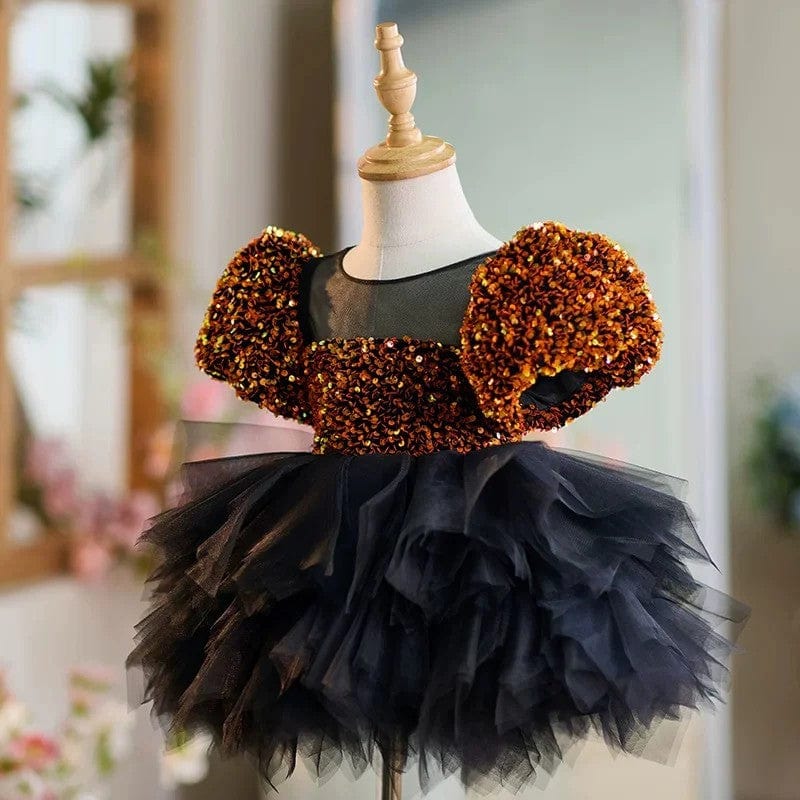 Sunnypetal Glitter Gold Sequin Short Sleeves Black Tulle Toddler Birthday Prom Gown