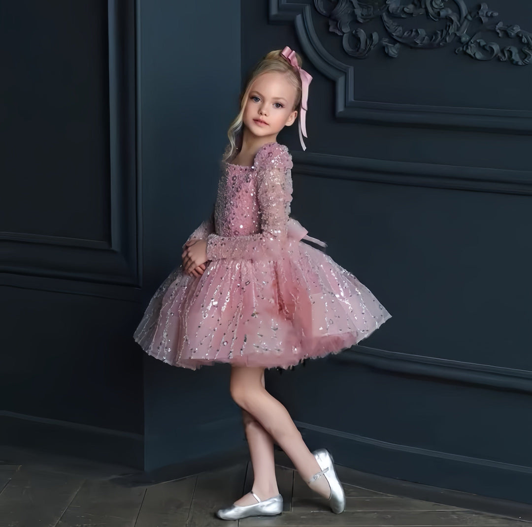 Sunnypetal Glitter Sequins Flower Girl Dress Short Wedding Birthday Party Pageant Dress