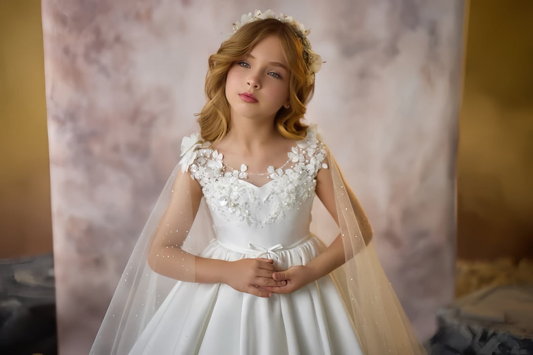 Sunnypetal Glitter Tulle Cloak Sleeves Floral Appliques Satin Flower Girl Dresses Communion Gown