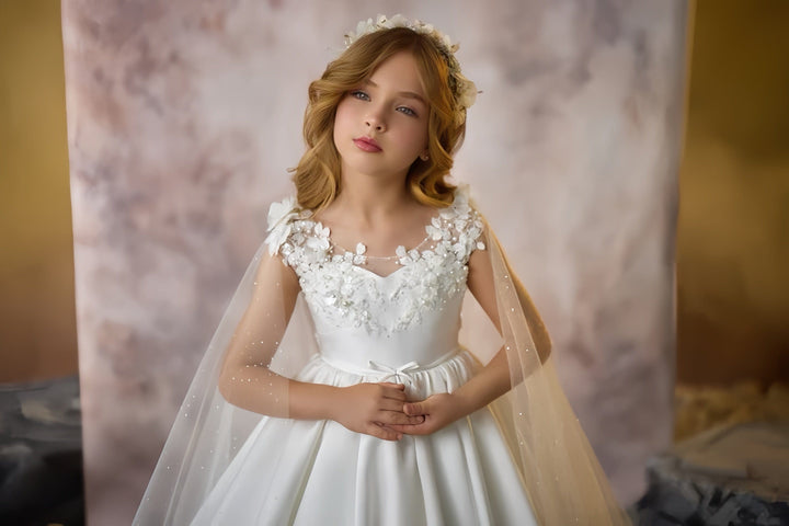 Sunnypetal Glitter Tulle Cloak Sleeves Floral Appliques Satin Flower Girl Dresses Communion Gown