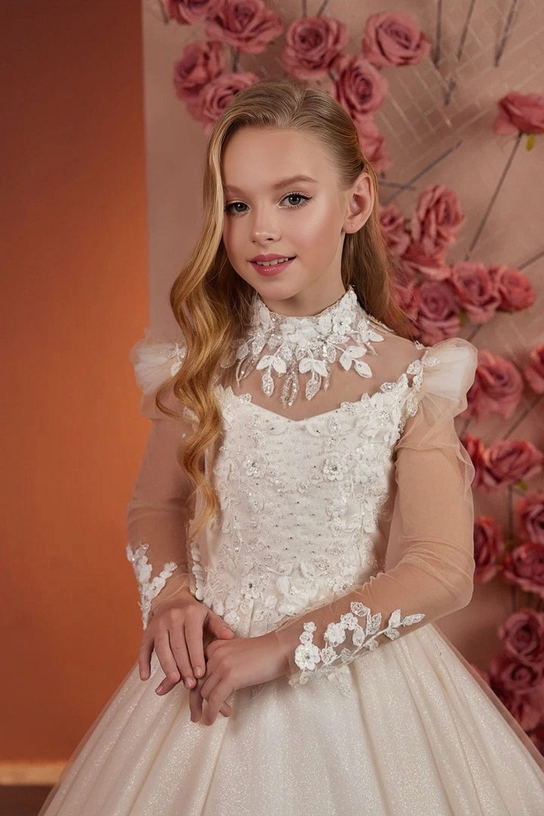 Sunnypetal Glitter Tulle Floral Appliques A-Line Flower Girl Dresses with Long Sleeves