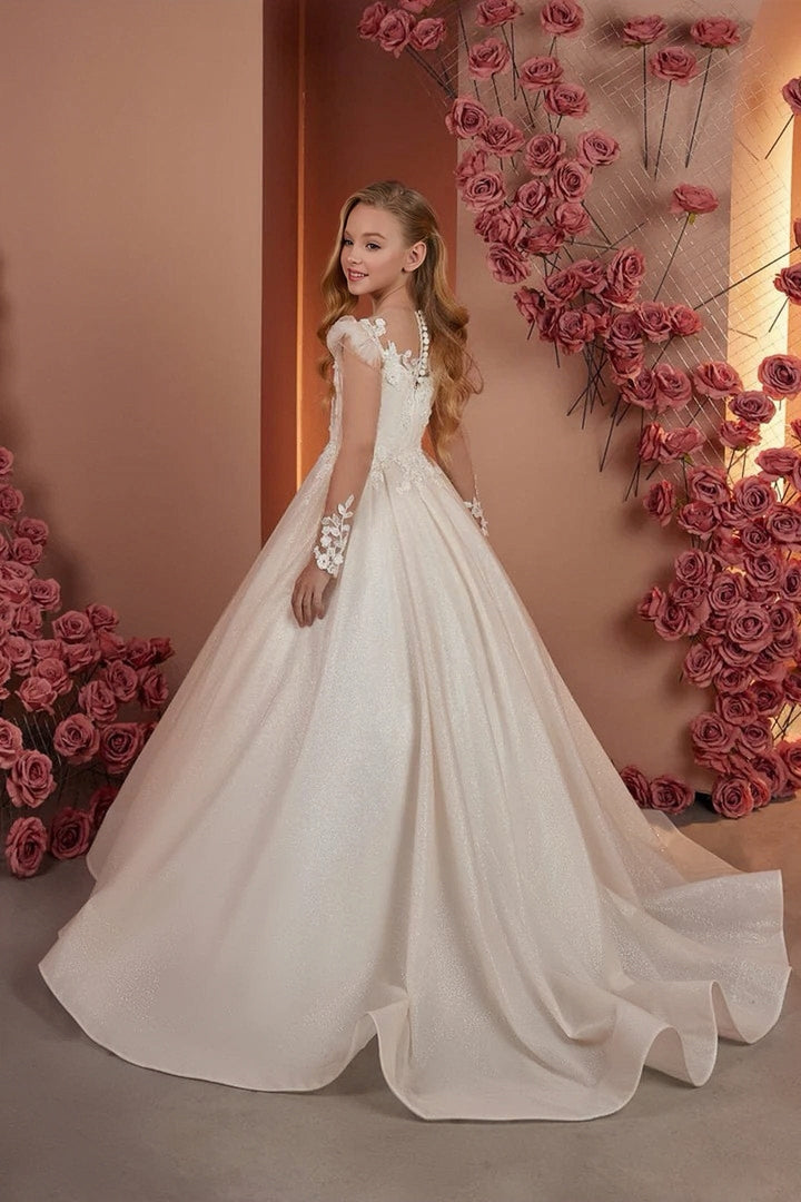 Sunnypetal Glitter Tulle Floral Appliques A-Line Flower Girl Dresses with Long Sleeves
