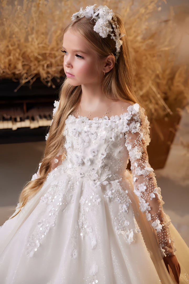 Sunnypetal Glitter Tulle Flower Girl Dresses Long Sleeves Flowers Communion Dress