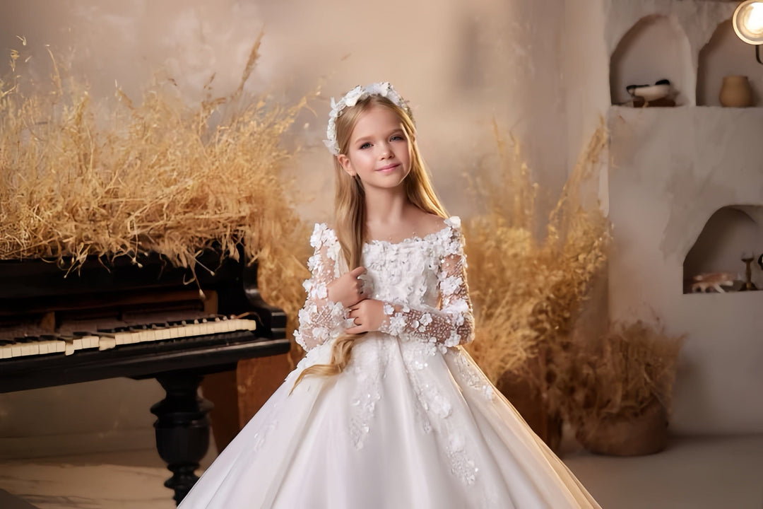 Sunnypetal Glitter Tulle Flower Girl Dresses Long Sleeves Flowers Communion Dress