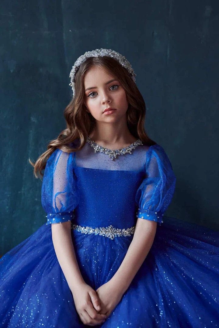 Sunnypetal Glittering Tulle Ball Gown with Rhinestone Neckline & Puff Sleeves