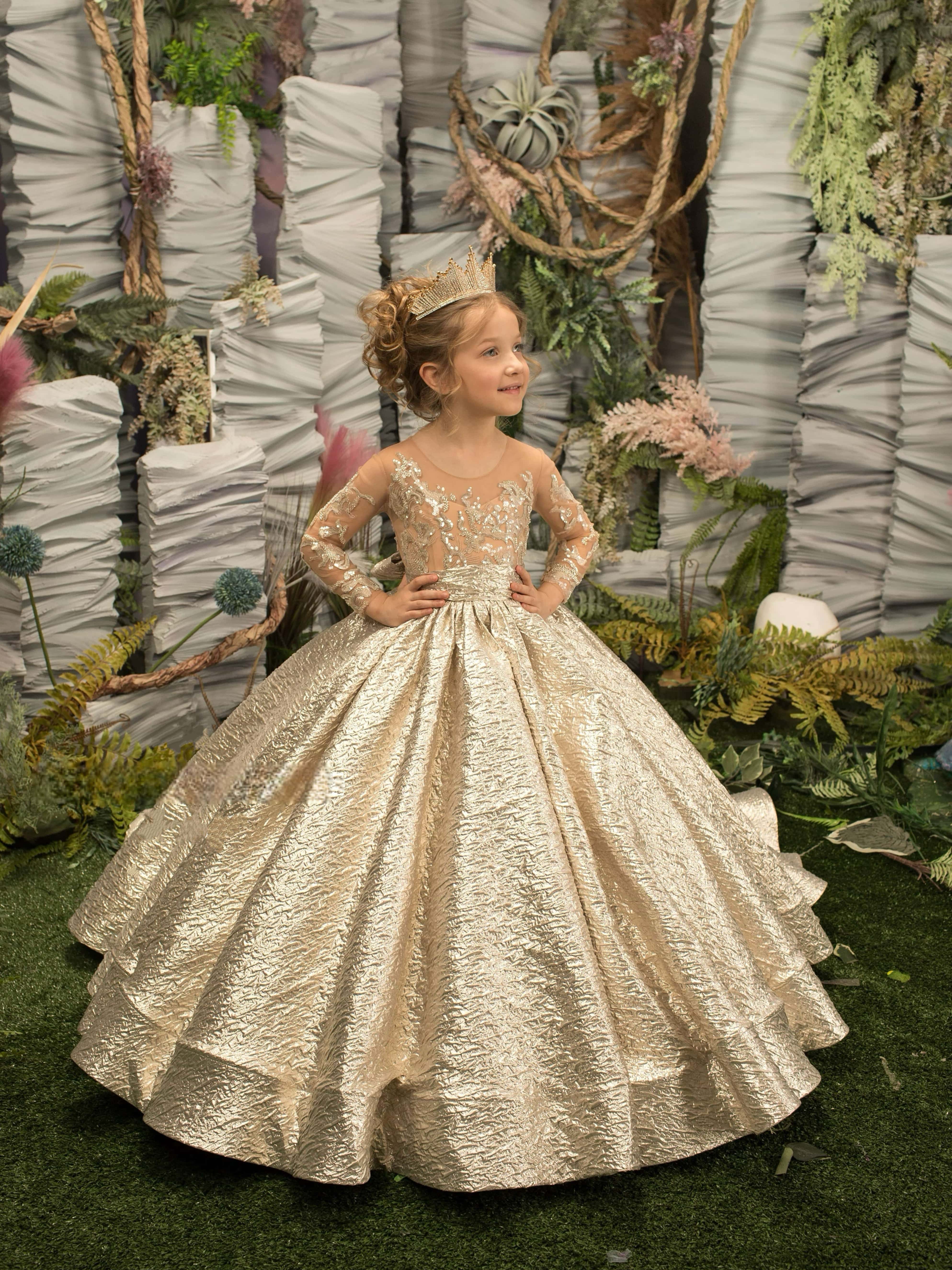 Sunnypetal Gold Flower Girl Dress Bow Long Sleeves Prom Birthday Girl –  sunnypetal