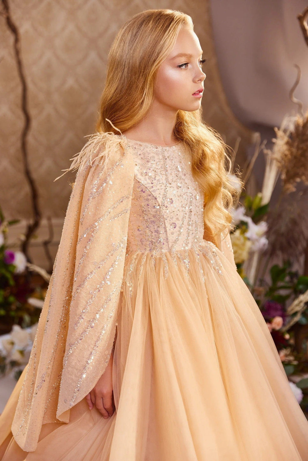 Sunnypetal Golden Enchantment Gown Shiny Tulle Princess Flower Girl Dress with Cape Sleeves