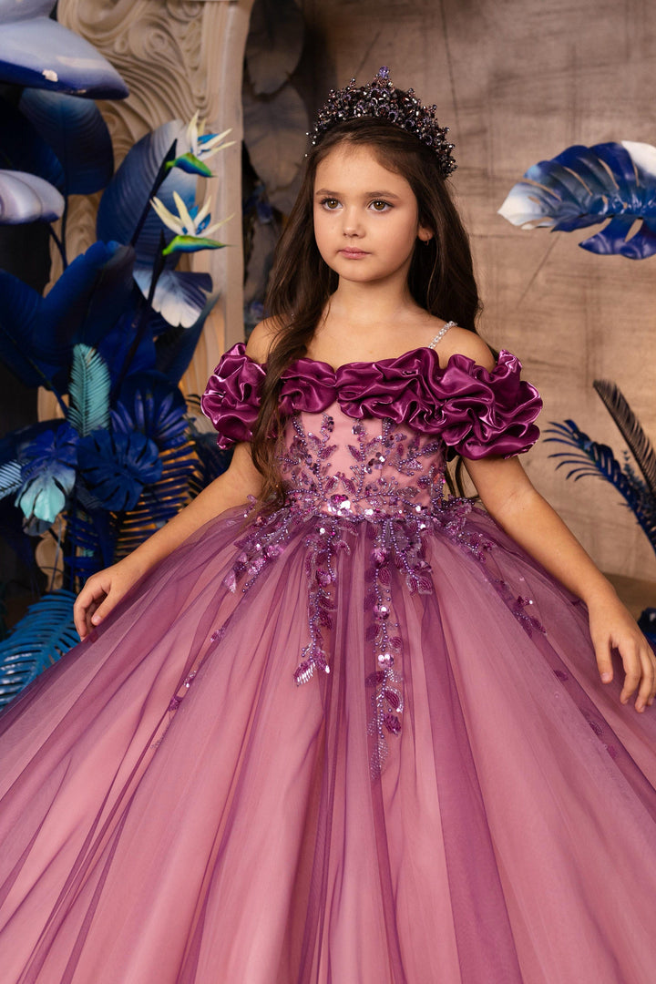 Sunnypetal Gorgeous 3D Rosette Puff Sleeves Spaghetti Straps Beading Sequins Tulle Ball-Gown Dress