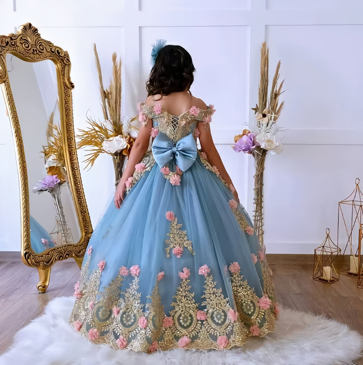 Sunnypetal Gorgeous Gold Appliques Floral Quinceanera Birthday Prom Long Flower Girl Dress