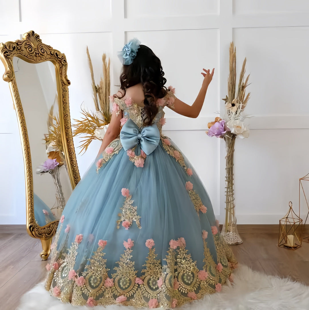 Sunnypetal Gorgeous Gold Appliques Floral Quinceanera Birthday Prom Long Flower Girl Dress