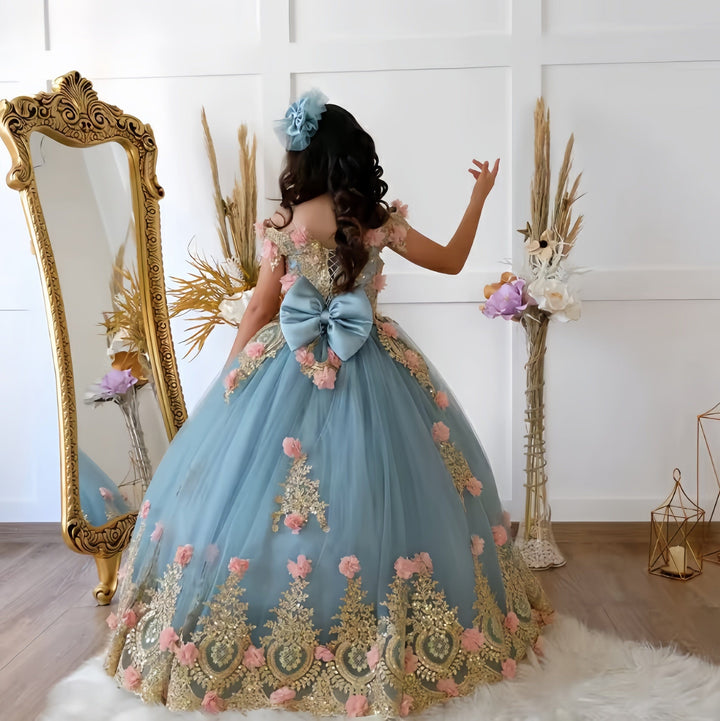 Sunnypetal Gorgeous Gold Appliques Floral Quinceanera Birthday Prom Long Flower Girl Dress