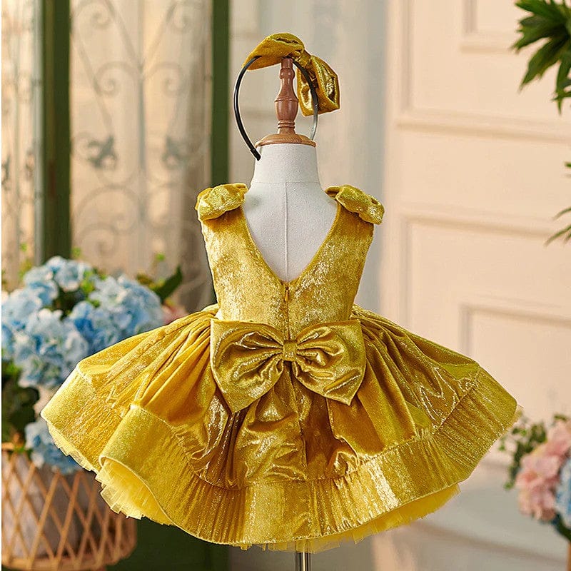 Sunnypetal Gorgeous Gold Sleeveless Birthday Party Princess Girl Dress with Bows