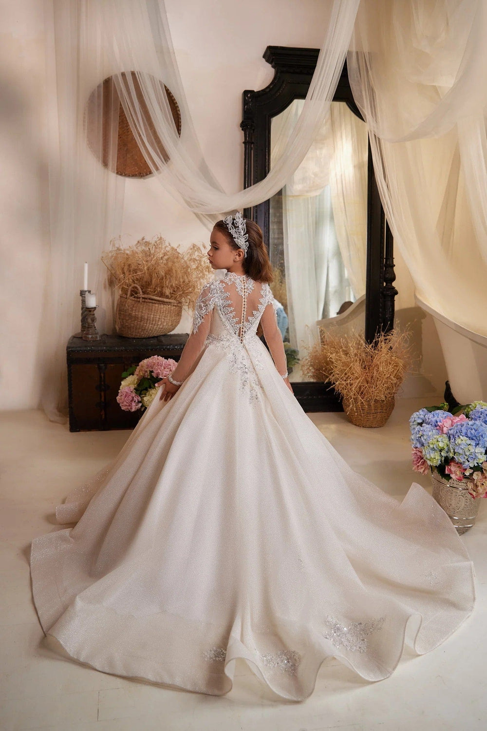 Sunnypetal Gorgeous Illusion Long Sleeve Sparkling Tulle Ball Gown Flower Girl Gown