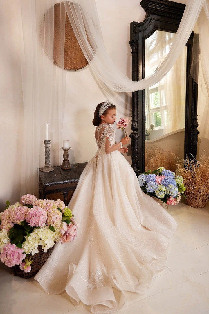Sunnypetal Gorgeous Illusion Long Sleeve Sparkling Tulle Ball Gown Flower Girl Gown