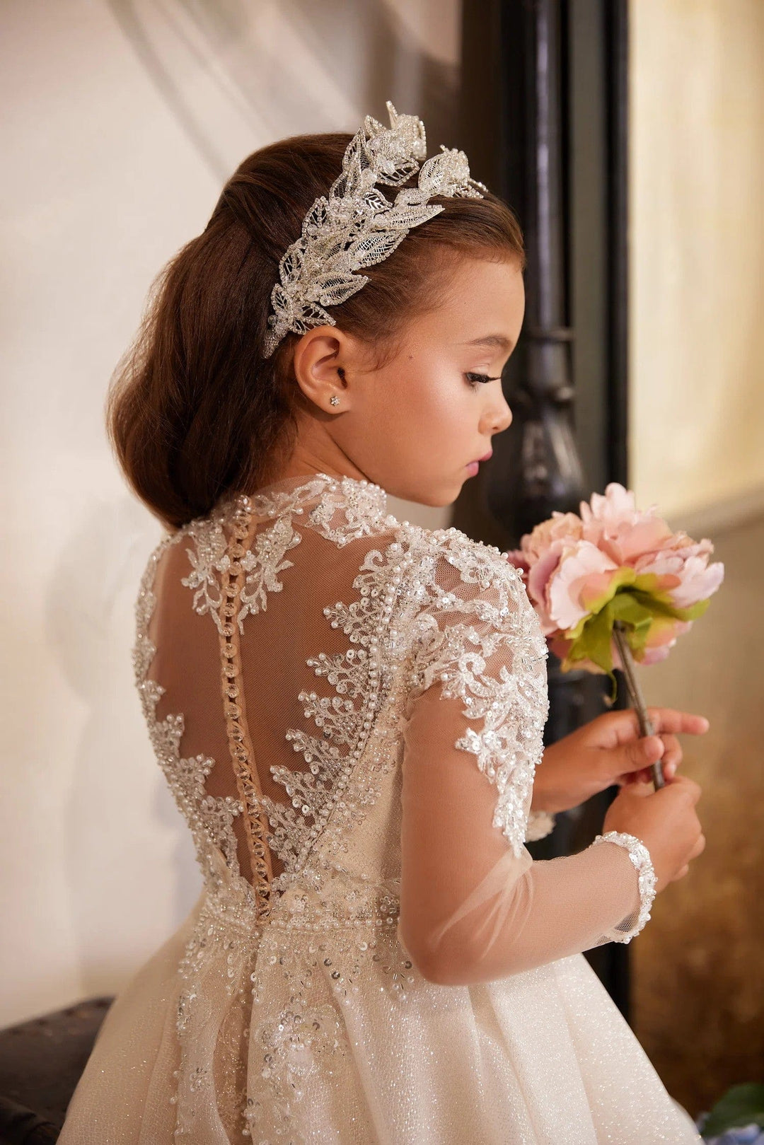Sunnypetal Gorgeous Illusion Long Sleeve Sparkling Tulle Ball Gown Flower Girl Gown
