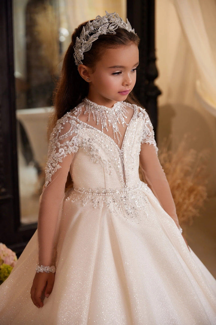Sunnypetal Gorgeous Illusion Long Sleeve Sparkling Tulle Ball Gown Flower Girl Gown