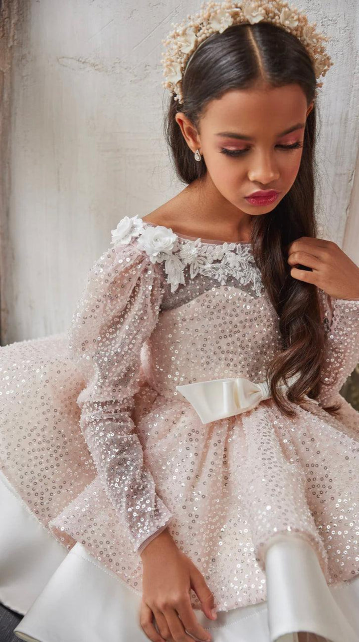 Sunnypetal Gorgeous Long-Sleeve Sequin Satin Flower Girl Dress Knee-Length Gown