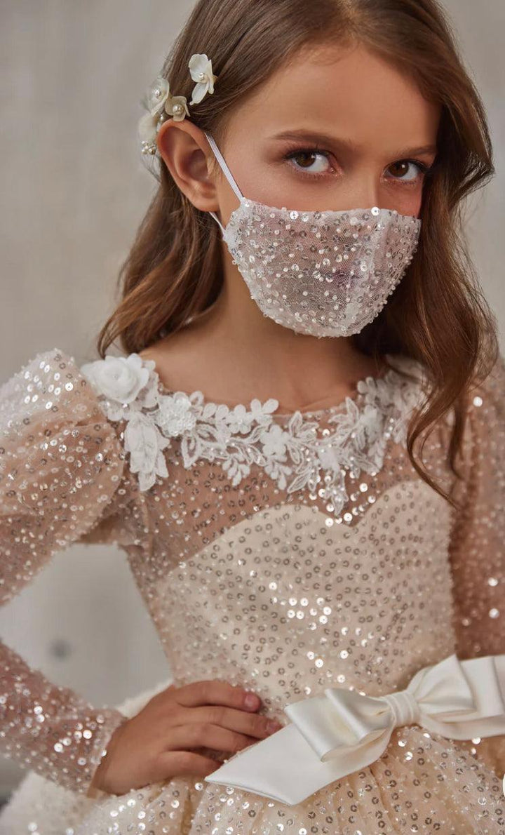 Sunnypetal Gorgeous Long-Sleeve Sequin Satin Flower Girl Dress Knee-Length Gown