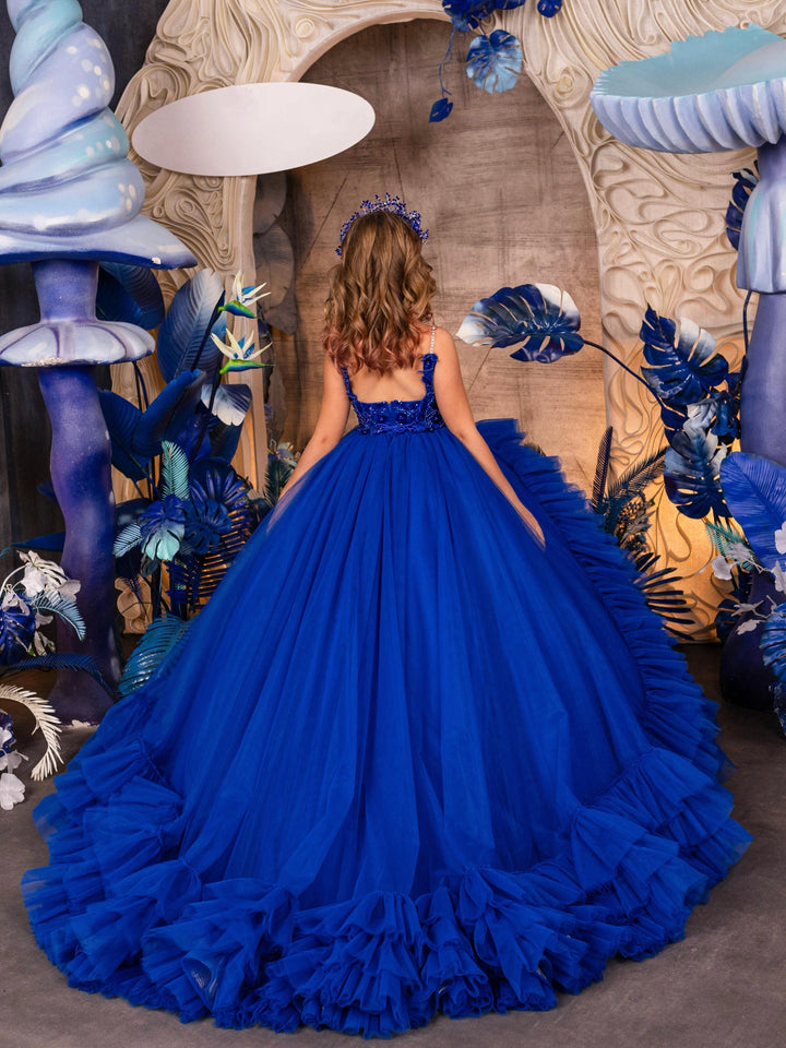 Sunnypetal Gorgeous Royal Blue Tulle Ruffles Flower Girl Dresses Formal Dinners Pageant Gown