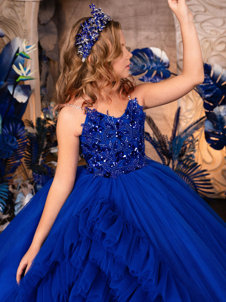 Sunnypetal Gorgeous Royal Blue Tulle Ruffles Flower Girl Dresses Formal Dinners Pageant Gown