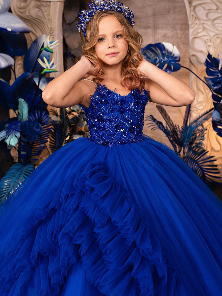Sunnypetal Gorgeous Royal Blue Tulle Ruffles Flower Girl Dresses Formal Dinners Pageant Gown