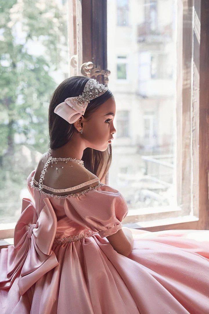 Sunnypetal Gorgeous Satin Puff Sleeves Flower Girl Dress Wedding Prom Pageant Gown