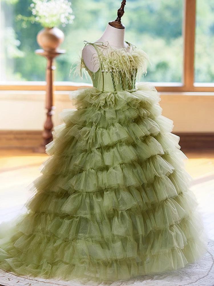 Sunnypetal Green Layered Tulle Princess Flower Girl Dresses Birthday Pageant Dress