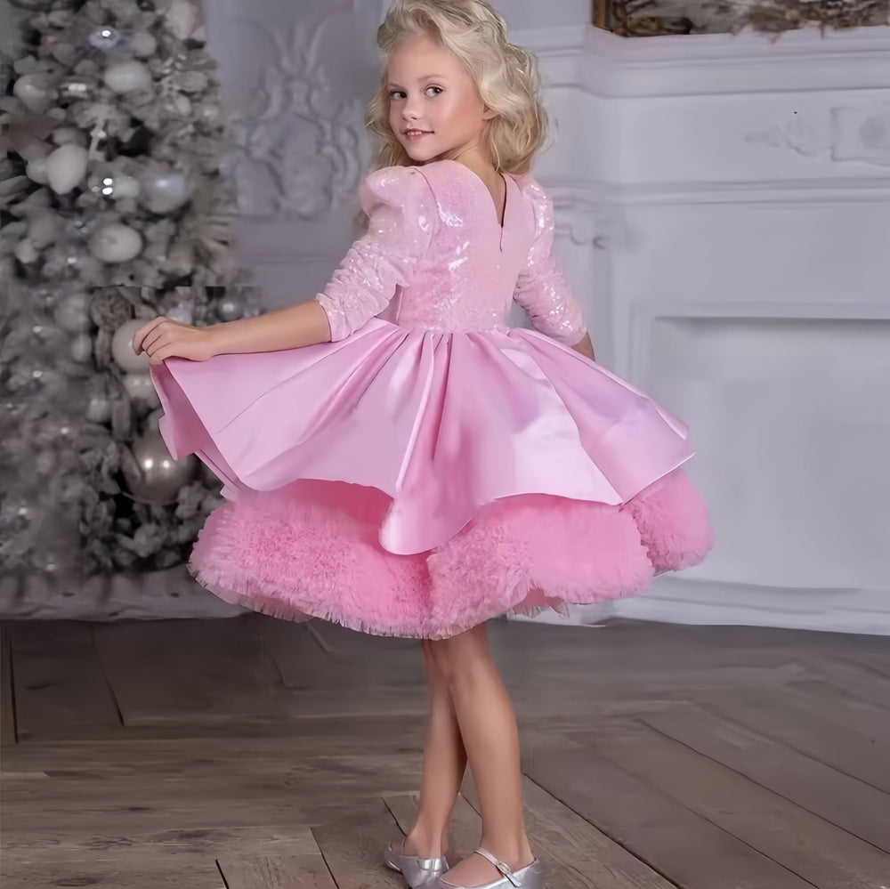 Sunnypetal Half Sleeve Square Neck Tutu Pink Flower Girl Dresses with Bow