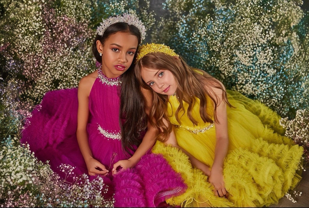 Sunnypetal High Neck Sleeveless Soft Fluffy Ruffles Tulle Flower Girl Dresses