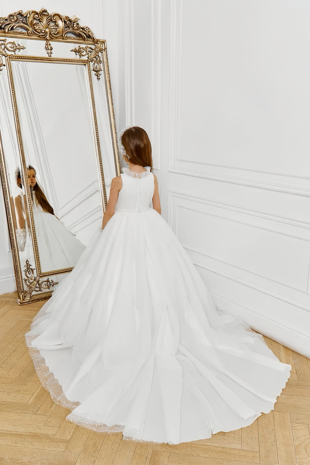 Sunnypetal High Neck Sleeveless Tulle Sequins Ball Gown Flower Girl Dresses with Train