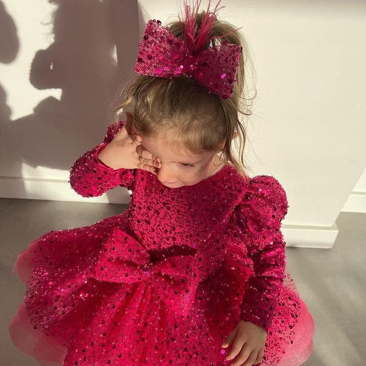 Sunnypetal Hot Pink Long Sleeves Sequins Bow Knee-Length Flower Girl Dresses