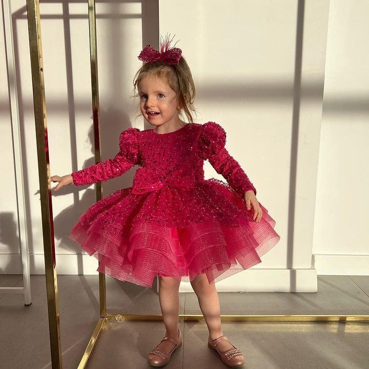 Sunnypetal Hot Pink Long Sleeves Sequins Bow Knee-Length Flower Girl Dresses
