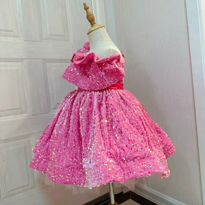 Sunnypetal Hot Pink Sequin Flower Girl Dresses Knee Length Toddler Kids Birthday Pageant Dress