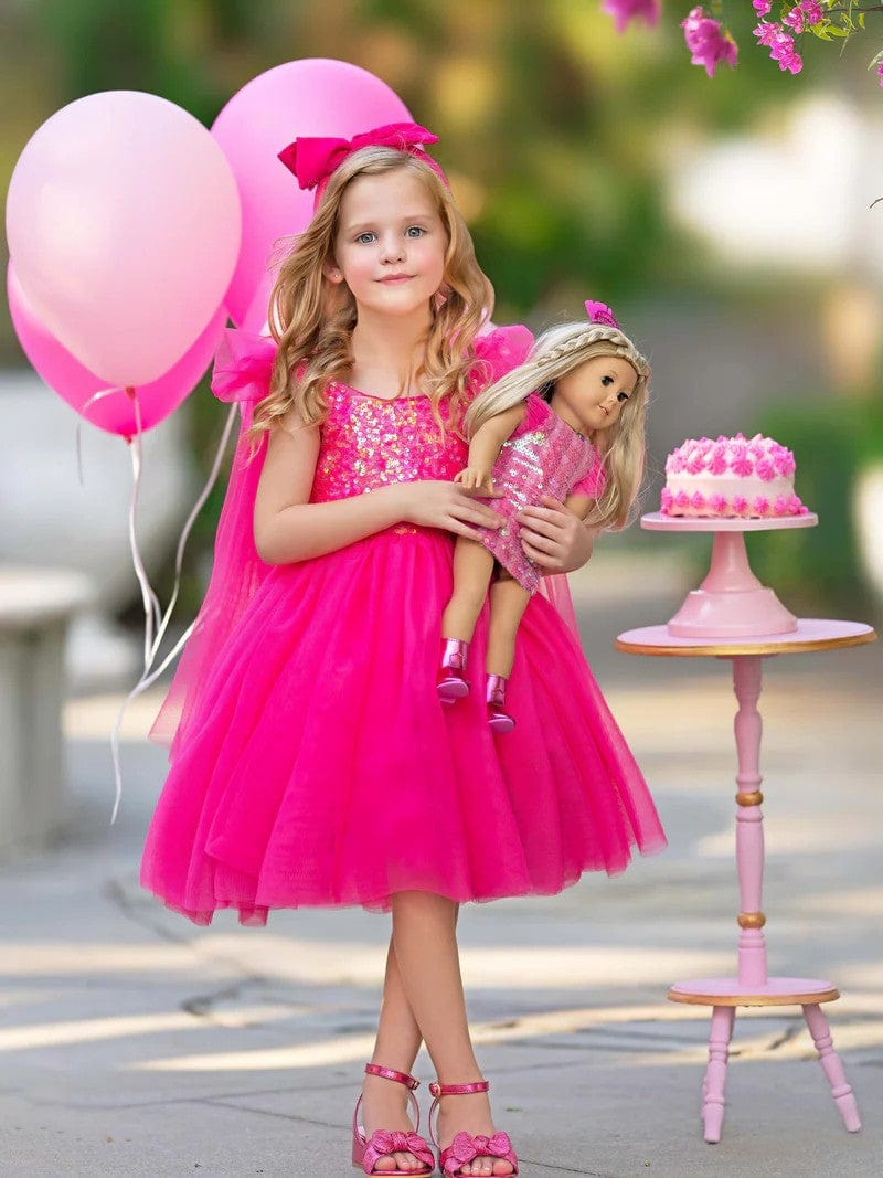 Sunnypetal Hot Pink Sequins Flower Girl Dress V-Back Puff Sleeve Birthday Party Dress