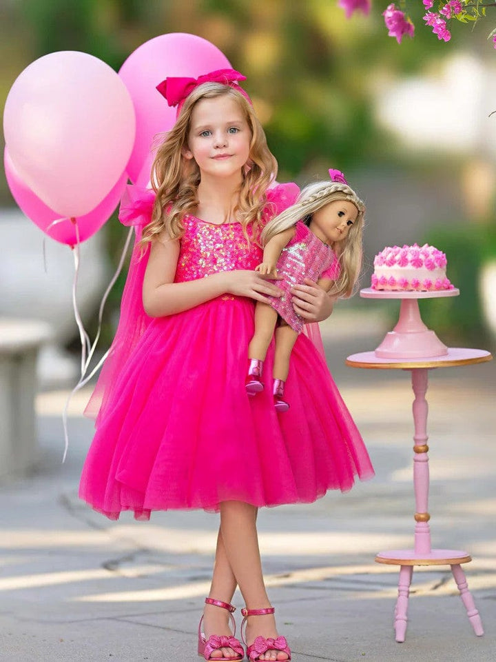 Sunnypetal Hot Pink Sequins Flower Girl Dress V-Back Puff Sleeve Birthday Party Dress