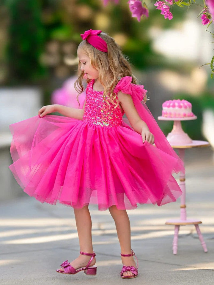 Sunnypetal Hot Pink Sequins Flower Girl Dress V-Back Puff Sleeve Birthday Party Dress