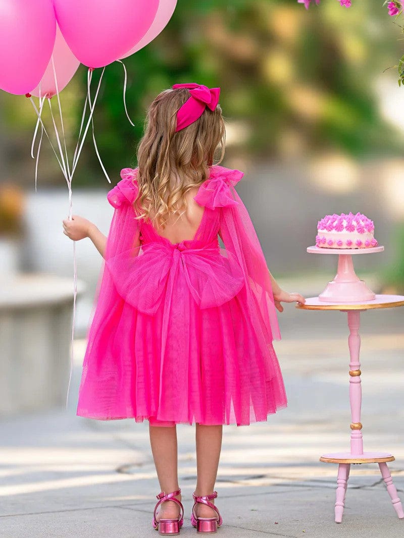 Sunnypetal Hot Pink Sequins Flower Girl Dress V-Back Puff Sleeve Birthday Party Dress